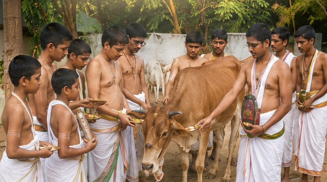 Veda Vidyarthis performing Gau Puja with Sacred Cow
